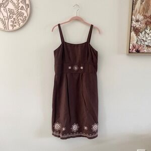 Dressbarn Sz 8  Brown Linen Blend Embroidered Midi Dress Sleeveless Cottagecore